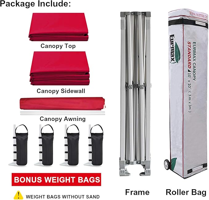 Eurmax USA 10 x 10 Pop up Canopy Commercial Tent Outdoor Party Canopies with 4 Removable Zippered Sidewalls and Roller Bag Bonus 4 Canopy Sand Bags & 24 Squre Ft Extended Awning(Red)