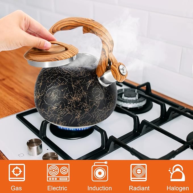 GGC Tea Kettle for Stove Top, Loud Whistling Kettle for Boiling Water Coffee or Milk, 3.1 Quart Stainless Steel Art Line Black Kettle with Wood Pattern Handle, Unique Button Control Kettle Outlet
