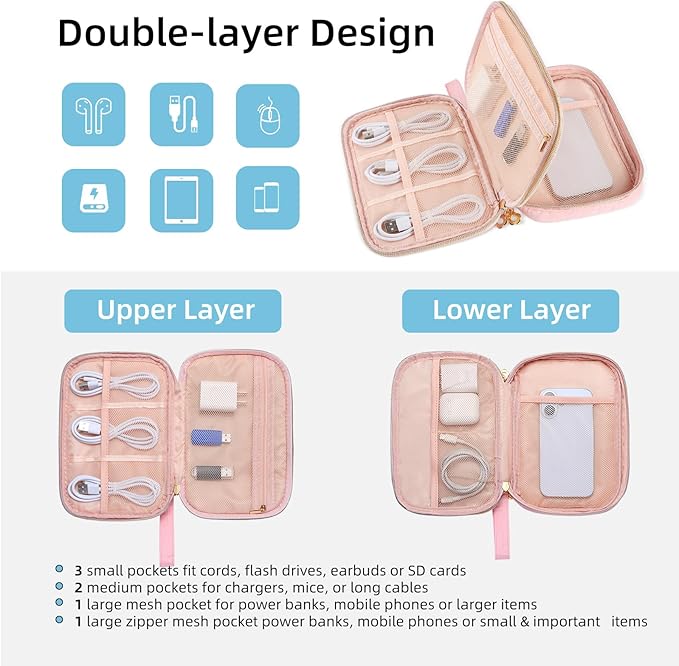 Electronics Organizer Travel Case, Charger Bag Cord Organizer Travel, Compact Tech Pouch Cable Organizer Bag for Charger, Cords, Phone, Headphones, Flash Drive, SD Card (Pink, Small-Double Layer)