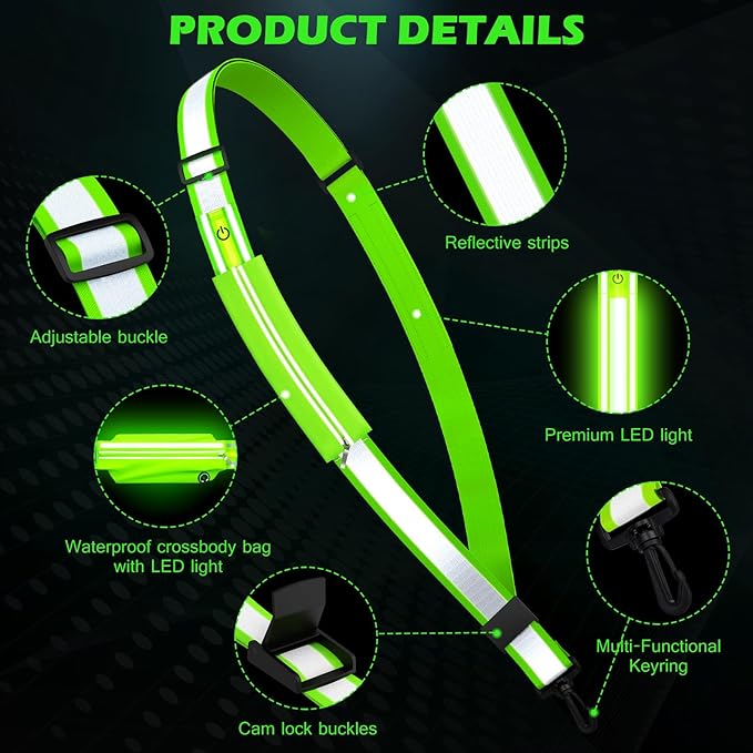 Reflective Sash Gear for Walking at Night,LED Reflective Belt Safety Lights,Lights for Night Dog Walking,High Visibility Type-C Rechargeable with Phone Holder for Men Women