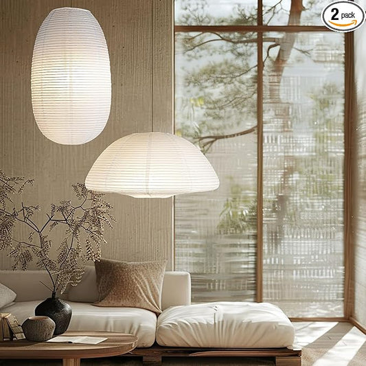 White Paper Lanterns 19+21inch 2PCS Large Rice Paper Lamp Shade Hanging Semicircular and Elliptical Pendant Light Shade Chinese Lantern for indoor bedroom,living room.gift for her