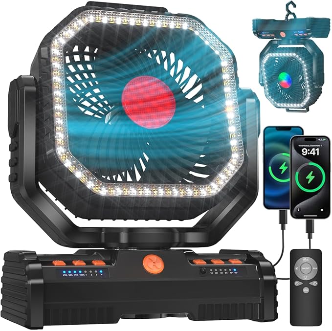 12 Inch Camping Fan,40000mAh Portable Fan with LED Lantern Light,Cool white & Warm White Dimmable Fans, Oscillating Fan with 360° Rotation Hanging Hook for Tents, Cordless USB Desk Fan(Black)