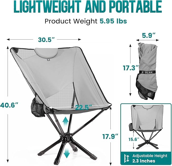 Portable High Back Camping Chair with Adjustable Height, Small Compact Outdoor Folding Chair for Adults Travel, Riselite Collapsible Lightweight Packable Camp Chairs, Easy Carry and Quick Setup