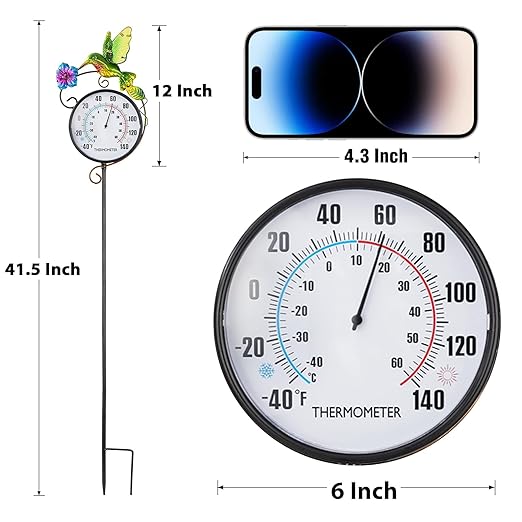 Hummingbird Indoor Outdoor Thermometer, Large Digital Metal Garden Stake Outside Thermometer Waterproof Decorative for Patio, Lawn, Room, No Battery Required