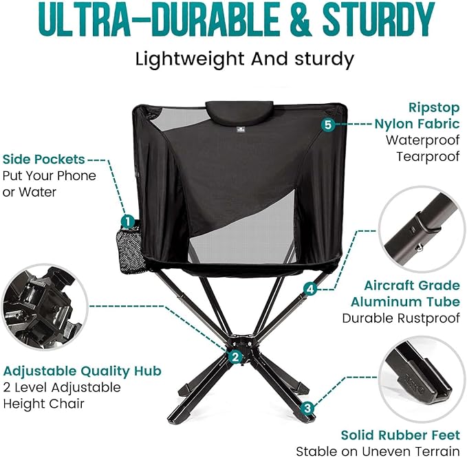 Portable High Back Camping Chair with Adjustable Height, Small Compact Outdoor Folding Chair for Adults Travel, Riselite Collapsible Lightweight Packable Camp Chairs, Easy Carry and Quick Setup