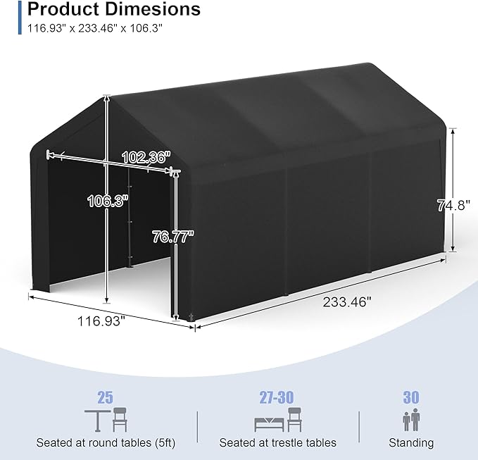 Carport, 10‘ x 20’ Heavy Duty Portable Garage All-Season Car Canopy w/Removable Sidewall & Doors, Carport Canopy Party Tent w/Water-Resistant Tarp for Backyard (Black, 10‘ x 20’)
