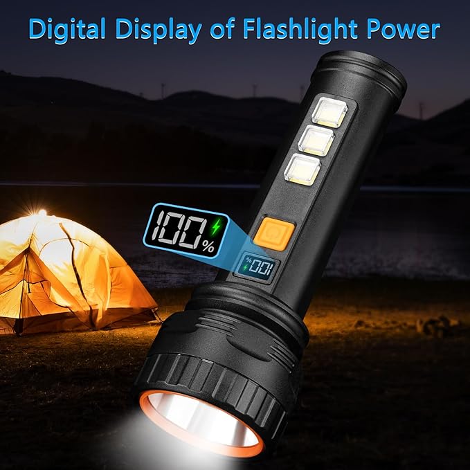 Solar Flashlights, 1500 Lumens Led Solar Powered Flashlights with Digital Display 2000mAh Battery Rechargeable Handheld Flashlights IP65 Waterproof Flashlights for Survival Emergencies, 2 Pack