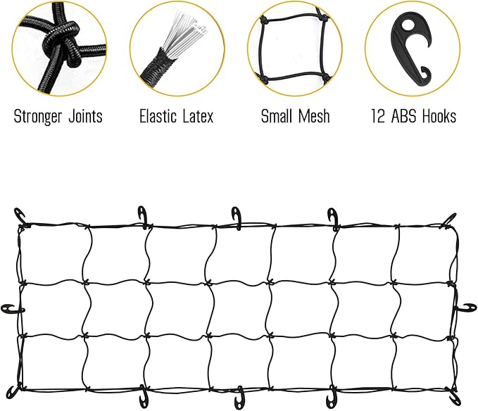 ARKSEN 57" x 21.5" Heavy Duty Tangle-Free Nylon Cargo Net (8" x 8" Mesh) - Universal Bungee Net Stretches to 80" x 40" for Pickup, Trucks, SUV, Roof Racks, and Travel Luggage Racks