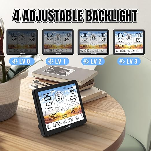 Raddy AG7 Weather Station Wireless Indoor Outdoor Thermometer, 7.4'' Digital Color Display Atomic Weather Clock, Temperature Humidity Monitor with Weather Forecast and Barometric Pressure