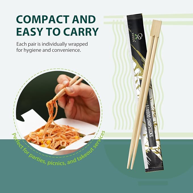 Soeos 200 Disposable Chopsticks Bulk - Natural Wooden Chopsticks & Bamboo Chopstick for Sushi, Takeout, Party - Splinter-Free, Individually Wrapped Single-Use Chopstick (Approx.200 Pairs)
