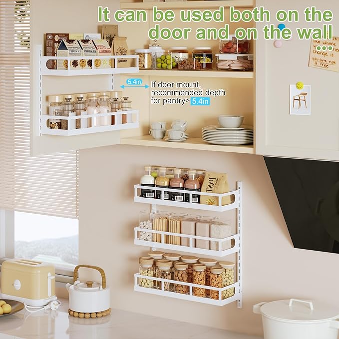 X-cosrack Wall Mount Spice Rack Organizer 5 Tier Height-Adjustable Hanging Spice Shelf Storage for Kitchen Pantry Cabinet Door, Dual-Use Seasoning Holder Rack with Hooks, White