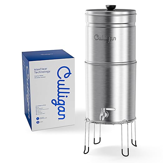Culligan with MaxClear Technology 3 Gallon Gravity Water Filter System, Brushed Countertop Ceramic Water Filter Dispenser NSF/ANSI Certified to Reduce Lead, Microplastics & Total PFAS, with 6 Filters