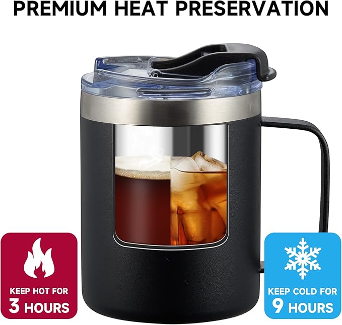 ALOUFEA 12oz Insulated Coffee Mug Cup with Handle, Stainless Steel Travel Coffee Mug with Flip Lid, Double Wall Vacuum Coffee Tumbler,Blush