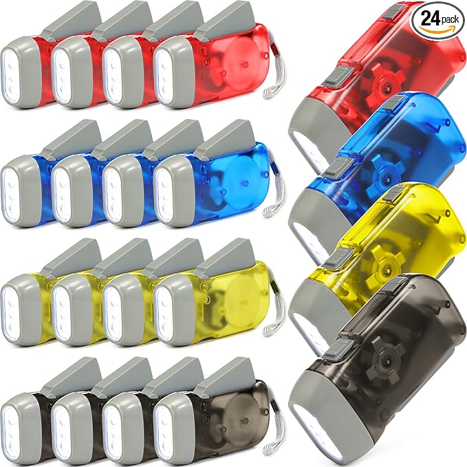 Mudder 24 Pieces Hand Crank Flashlight with LED Self Powered Charging Torch Dynamo for Camping Emergency(Yellow, Red, Grey, Blue)