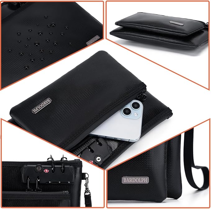 Fireproof Money Bag with Lock, Double layer Cash Bag BankBag for Cash, Valuable StorageBag,Fireproof Safe Box Money Pouch with Zipper (black, Small)