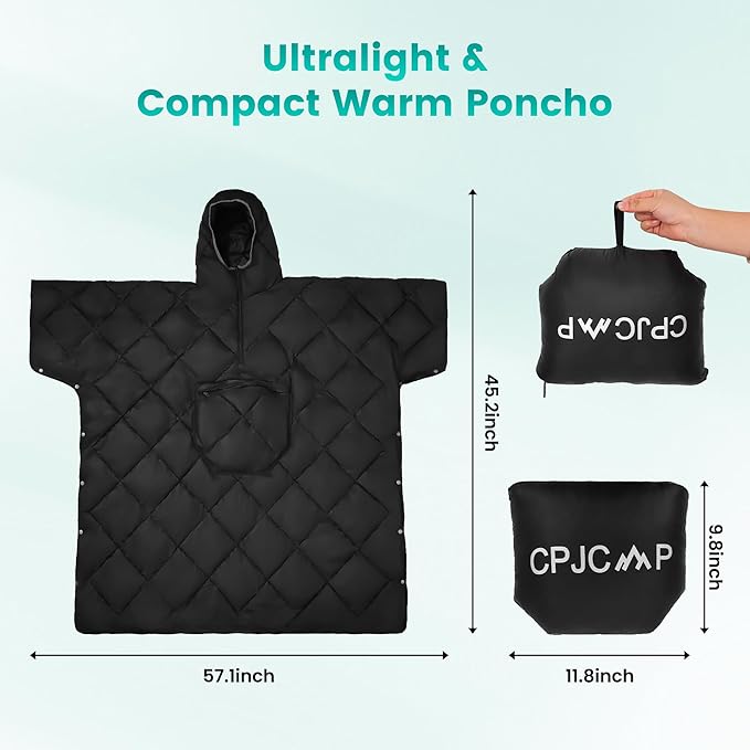 Wearable Camping Blanket Honcho Poncho - Stadium Blanket, Sleeping Bag for Adults, Packable Ultralight Warm & Waterproof for Cold Weather,Sports, Outdoor Camping, Hiking - Black