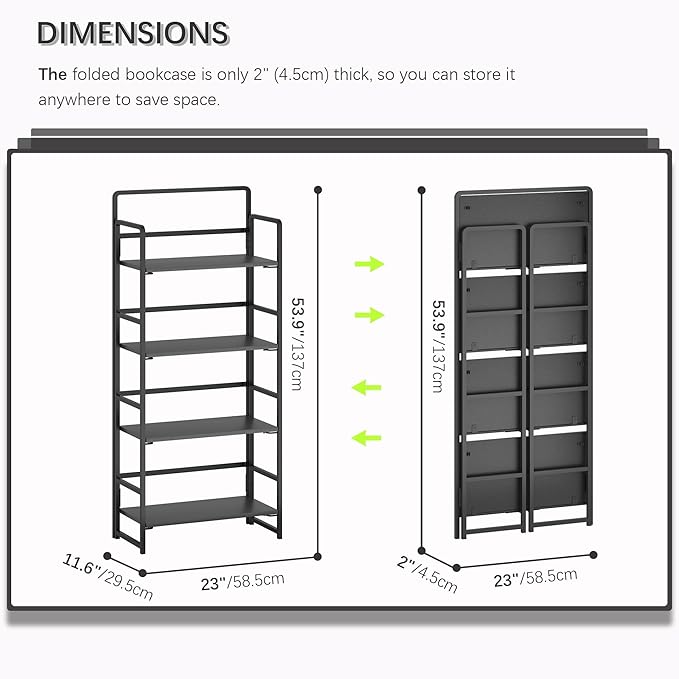 4NM No Assembly Folding Bookshelf, 4-Shelf 54" H Collapsible Foldable Bookcase Storage for Small Spaces, All Black