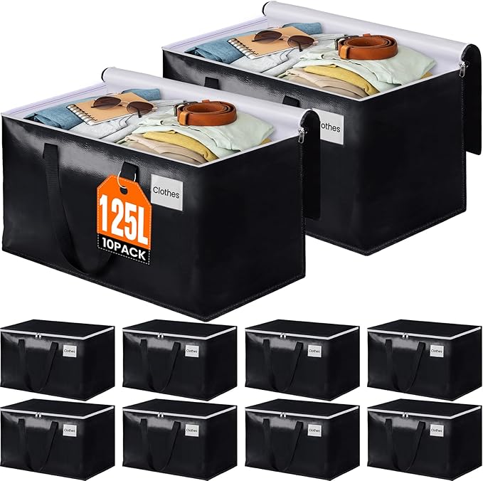 BlissTotes Moving Bags, Heavy Duty Moving Boxes with Zippers Top and Sturdy Handles, Storage Bags for Space Saving and Packing, Collapsible Moving Supplies, Storage Totes (125L, 10-Pack, Black)