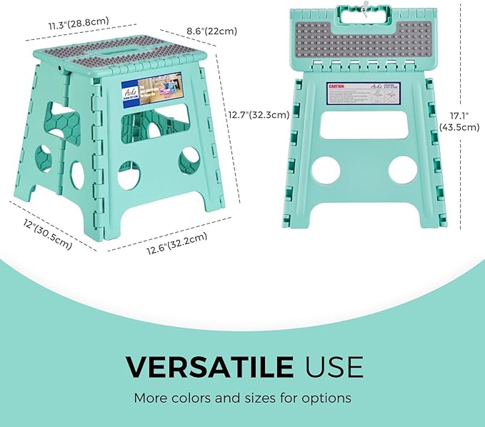 ACKO Folding Step Stool 13 Inch Stool Heavy Duty Plastic Foldable Step Stools for Kids, Stepping Stool with Handle, Folding Stool Suitable for Kitchen Hold Up to 300 LB (Teal 1PC)