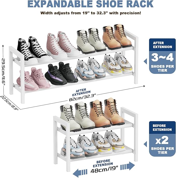 Mavivegue Expandable Shoe Rack, 4-Tier Shoe Organizer for Closet, Adjustable Shoe Rack for Front Door Entrance, Entryway