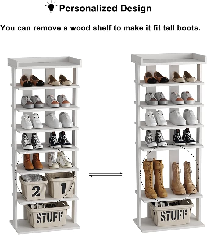 HOMEFORT 7-Tier Wood Shoe Rack, Double Rows 7-Tier Shoe Shelf, Shoe Storage Stand, Entryway Shoe Tower, Vertical Shoe Organizer Perfect for Narrow Closet, Entryway, Hallway, Bedroom in White