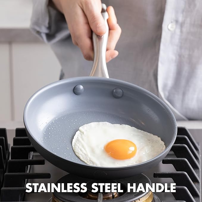 GreenPan Lima Hard Anodized 10" Frying Pan Skillet, Wood Spatula, Ceramic Nonstick, PFAS-Free Nontoxic Pots and Pans, Oven & Broiler Safe, Stainless Steel Handle, Cookware for Eggs & Omelet, Gray