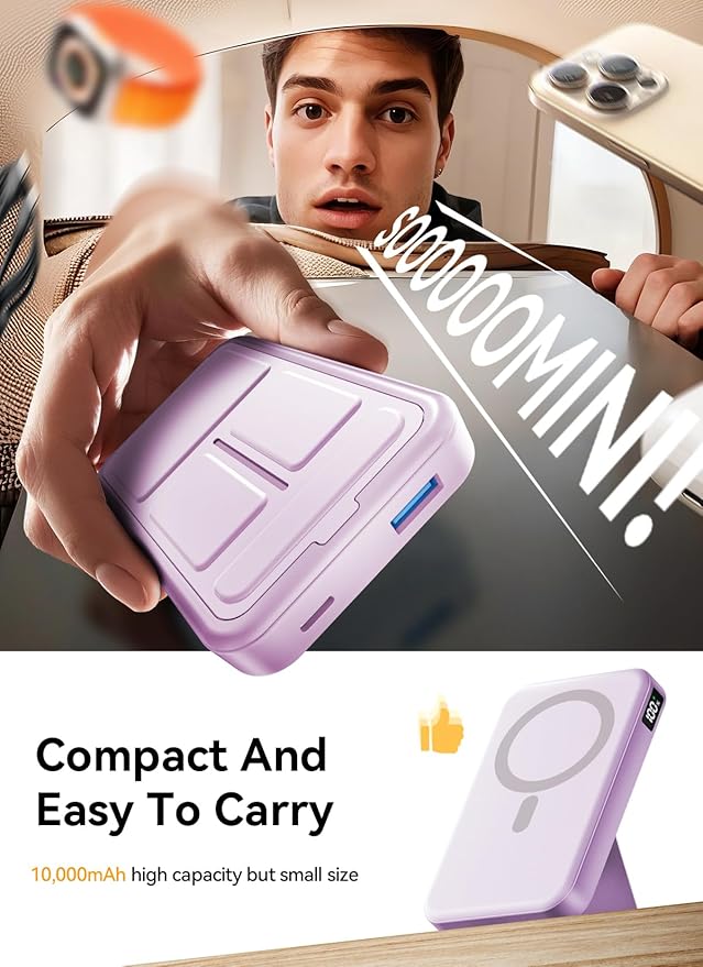Magnetic Power Bank, 10000mAh Wireless Portable Charger with 20W USB-C Fast Charging, Foldable Stand & LED Display Battery Pack, Compatible with iPhone 16/15/14/13/12, Light Purple