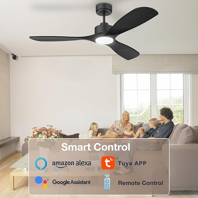 52” Wood Smart Ceiling Fans with Lights Remote,Quiet DC Motor,Outdoor Indoor Ceiling Fan,Voice Control via WIFI Alexa App,Dimmable,Modern Black Ceiling Fan for Bedroom Patio Porch