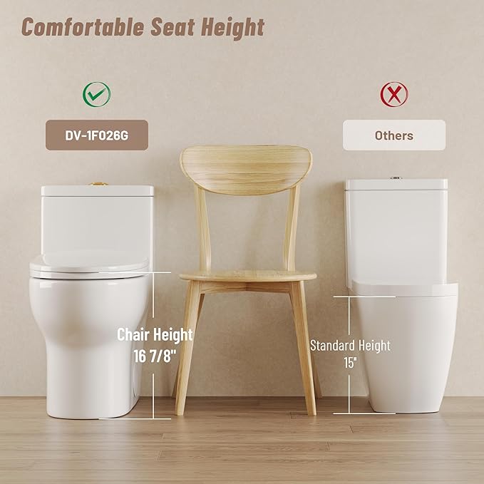DeerValley DV-1F026-W One Piece Toilet with White Button,12'' Rough-In Standard Bathroom Toilet, Dual Flush 0.8/1.28 GPF Elongated Toilet with Soft Close Seat
