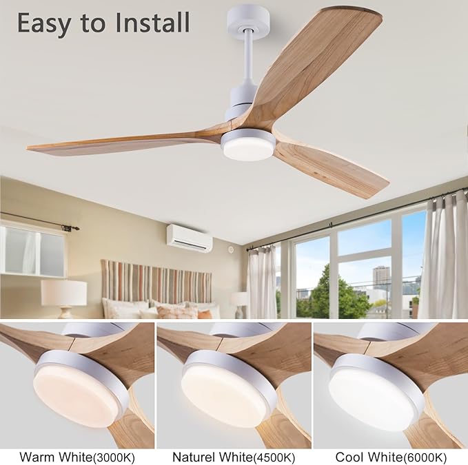 56" Wooden Ceiling Fans with Lighted Remote Control, Indoor Outdoor Wooden Ceiling Fan, Outdoor Modern Ceiling Fan with 3 Fan Blades for Patio, Living Room, Bedroom, Farmhouse etc.…