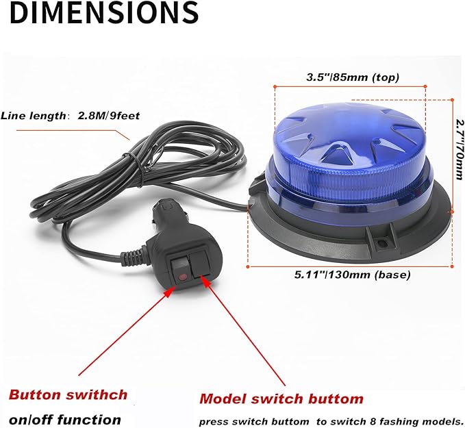 AUXMOTEC Blue Led Emergency Strobe Beacon Lights Bar with Magnetic Mount and 8 Flash Models Warning Safety Flashing Rooftop Signal Lamps for Firefighters Police Vehicles(24-LED 12V-24V)