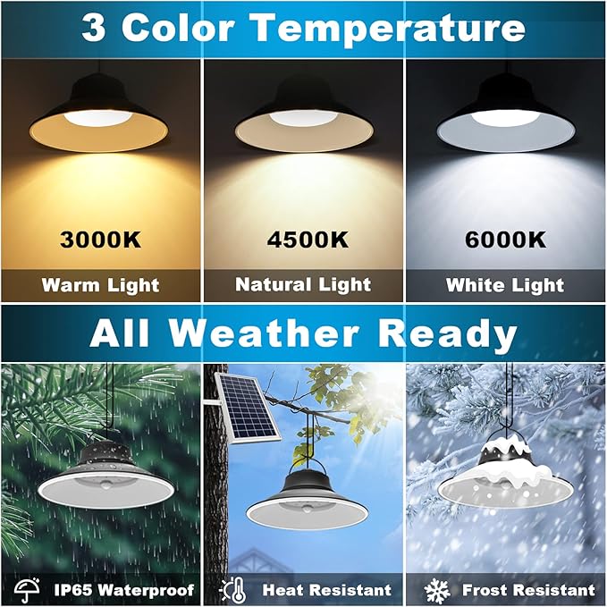 NIORSUN Solar Pendant Light, Upgraded Motion Sensor Light Outdoor Solar Lights Indoor Dimmable with Remote 3000K/4500K/6000K, 16.4ft Cable IP65 Waterproof for Shed, Barn, Gazebo, Patio(1 Pack)