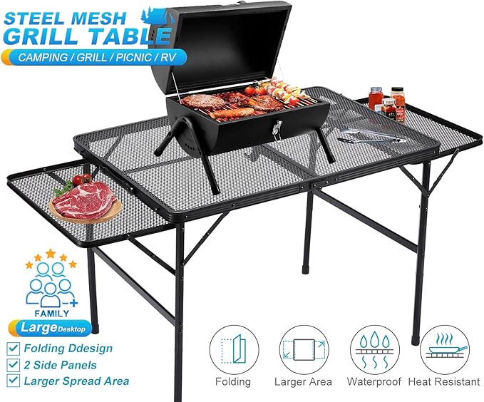 Folding Family Camping Table with 2 Wing Panels, Metal Grill Table with Mesh Tabletop, 2 Adjustable Heights, Large Picnic & Outdoor Table, 2 Side Shelves, Lightweight (4.4 FT, Black)