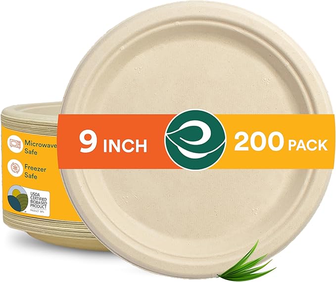 ECO SOUL 100% Compostable 9 Inch Paper Plates 200 [2x100 Pc] Disposable Party Plates I Heavy Duty Eco-Friendly Sturdy Dinner, Wedding, Event Plates I Biodegradable