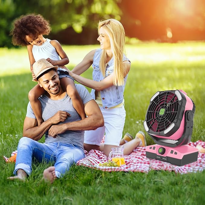 RUNTOP Oscillation Camping Fan with LED Lantern, 20000mAh Rechargeable Battery Operated Outdoor Tent Fan w/Hanging Hook, Remote Control, 4 Speeds, Personal USB Desk Fan for Camping, Jobsite (Pink)