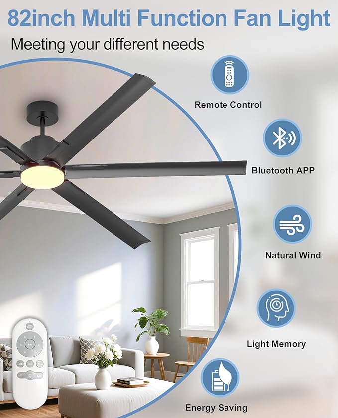 JAYNLT 82 Inch Ceiling Fan with Light,Industrial LED Fan Lights with 6 Aluminium Blades,Large Ceiling Fan - Remote/APP Control, Air Reversible 6 Speed 3 Colors Noiseless DC Motor for Warehouse,Farm