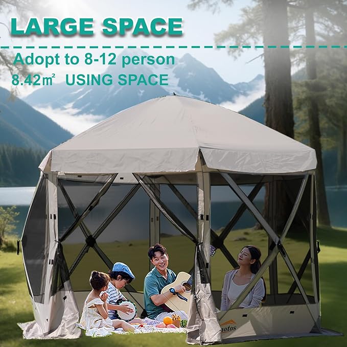 Pop Up Screen Tent, 12'x12' Windproof & UV Protection Sun Shelter, Portable Instant Setup, 6-Sided Screen Tent for Picnic, Camping, Backyard, Outdoor (Grey)