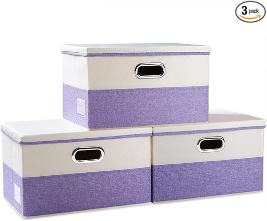 PRANDOM Large Foldable Storage Bins with Lids [3-Pack] linen Fabric Decorative Storage Boxes Organizer Containers Baskets Cube with Handles Divider for Bedroom Closet Purple&Cream(17.7x11.8x11.8)