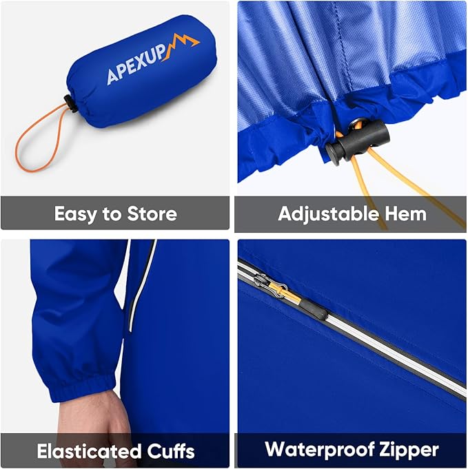 APEXUP Packable Rain Jacket Men with Reflective Zipper, Lightweight Waterproof Raincoat, Mens Rain Jacket for Outdoor Sports