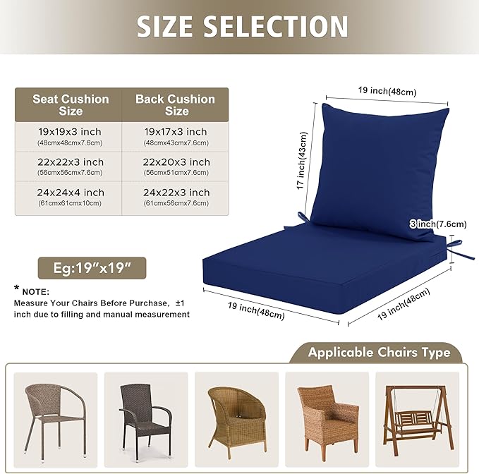 Outdoor Chair Cushions, Waterproof Outdoor Cushions for Patio Furniture w/Fade-Resistant, Removable & Machine-Washable Covers, 19x19 Inch, Ideal for Seat in Gardens/Porch – Set of 1/2/4, Navy Blue