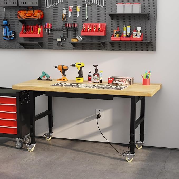 60" Work Bench with Wheels, Adjustable Height Workbench with Drawers, Heavy-Duty Work Table with Power Outlets, 2000 LBS Capacity Workstation for Garage, Workshop, Office, Home