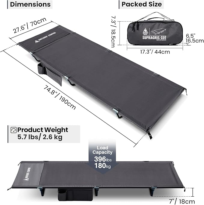 ONETIGRIS SUPRAGRIS Camping Cot, Support Up to 400lbs, Lightweight Comfortable Folding Bed for Camping, Hiking, Backpacking, Travel, Car Trips, Office Nap (Gray)