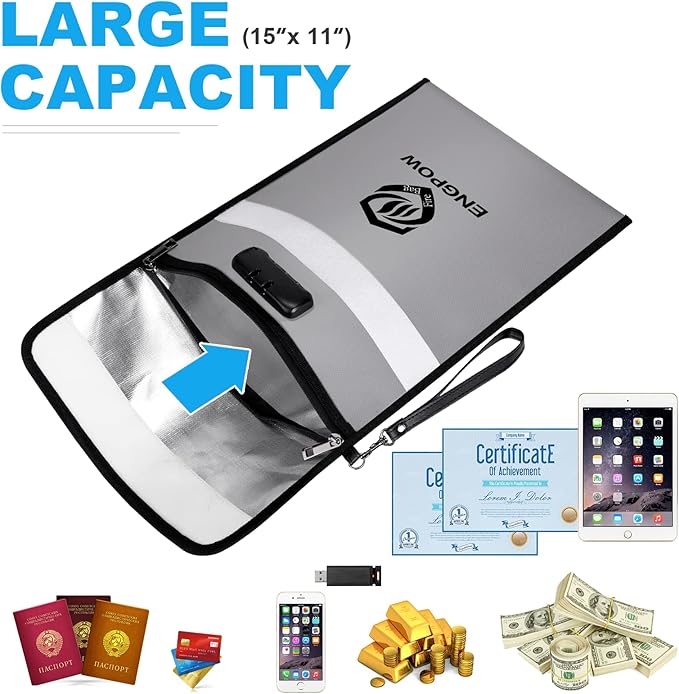 ENGPOW Fireproof Document Bag with Lock (5200℉),15”x 11” Fireproof Money Pouch with Zipper, Fireproof File Safe Storage Organizer Holder for Valuables,Cash,A4 Legal Important Documents and More