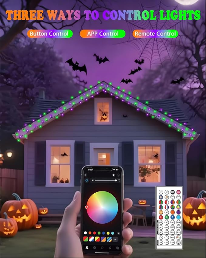 Smart Color Changing Halloween Lights, 82FT 200LED App Control RGB LED String Light with Remote & Timer, Music Sync Multiple Modes Twinkle Christmas Tree Light Waterproof Halloween Decorations
