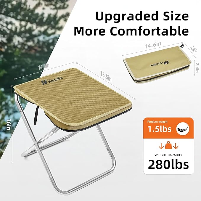 Camping Stool, 16in Tall Portable Folding Stool with Carry Bag, Upgraded Ultralight Chair with Roomy Seat for Adults, Holds 280lbs, Ideal for Hiking, Fishing, Outdoor Use, Brown