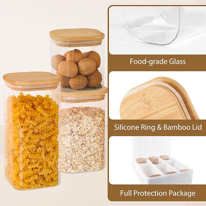 6 Pack Square Glass Storage Containers with Bamboo Lids (24oz/37oz/51oz) – Clear Food Airtight Canisters Sets for The Kitchen, Glass Jars for Coffee Beans, Coffee, Flour, Snacks, Spices