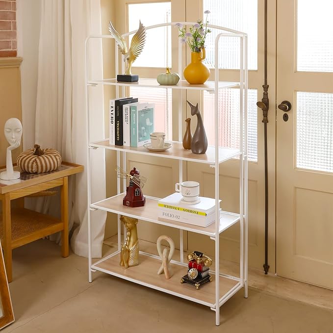 Crofy No Assembly Folding Bookshelf for Living Room, 4 Tier White Collapsible Book Shelf for Home Office, Portable Bookcase Storage Organizer