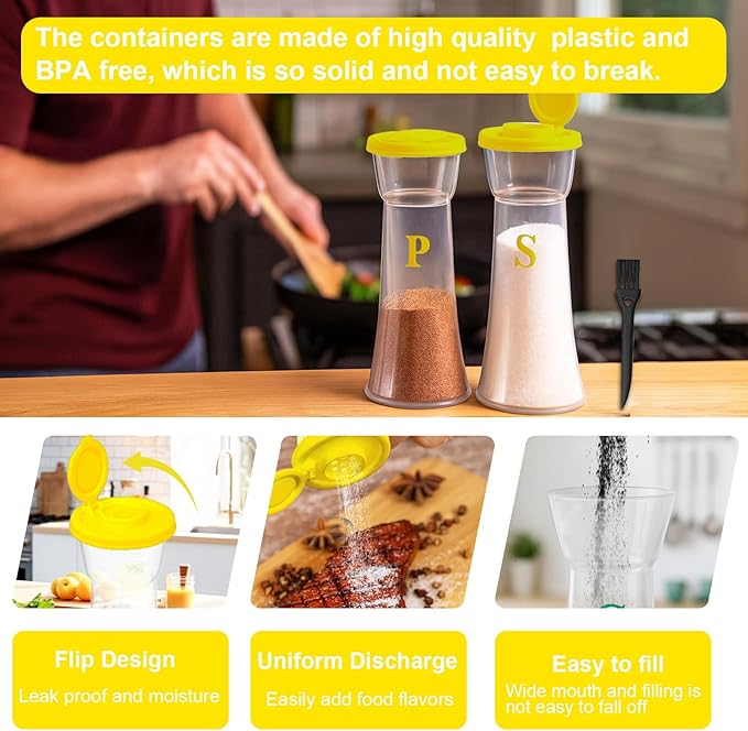 Set of 2 Clear Salt and Pepper Shakers, Plastic Spice Jars with Colorful Lids, Leakproof Moisture-Proof for Home Kitchen Restaurant, Camping, Travel, Picnic (Yllow)