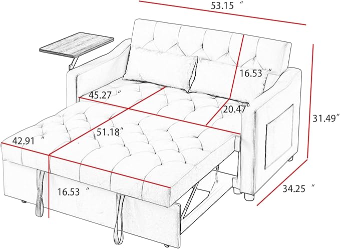 53.15" Convertible Sleeper Sofa Bed with Swivel Table, Adjustable Backrest & Side Pocket, Pull-Out Velvet Loveseat Futon for Small Spaces, Easy Assembly, 3-in-1 Couch Bed for Living Room