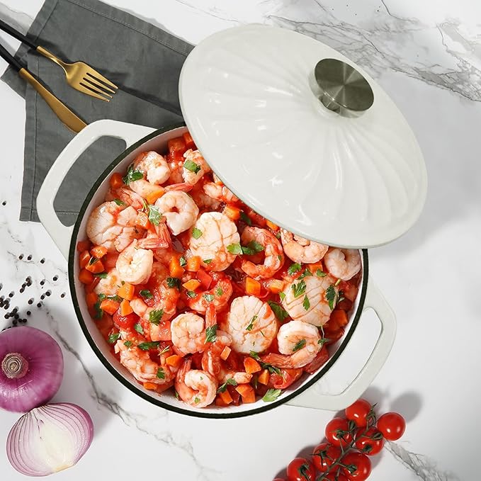 Enameled Cast Iron Dutch Oven with Lid, 3 QT Cast Iron Dutch Oven Pot, Heavy Duty Cast Iron Pot for Bread Baking, Cook, Bake, Oven Safe across All Cooktops (White,3 QT)